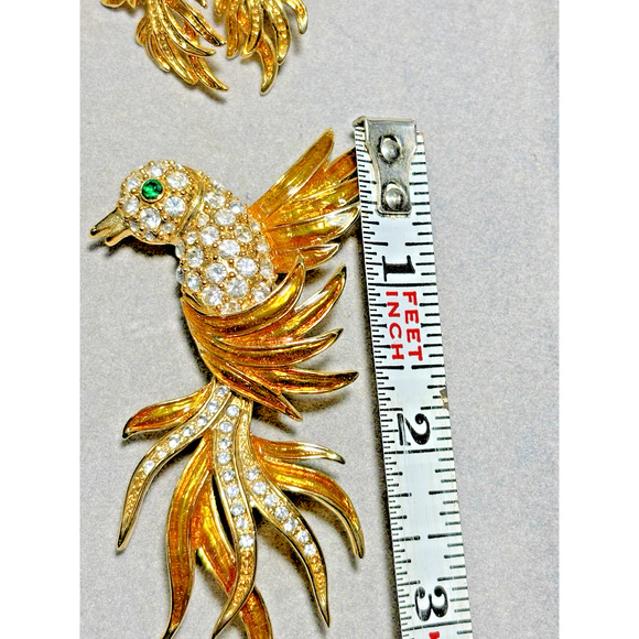 Vtg Set 3, Bird of Paradise Lg 3" Enamel Rhinestone Chrystal Pin Brooch/Earrings - Picture 12 of 16